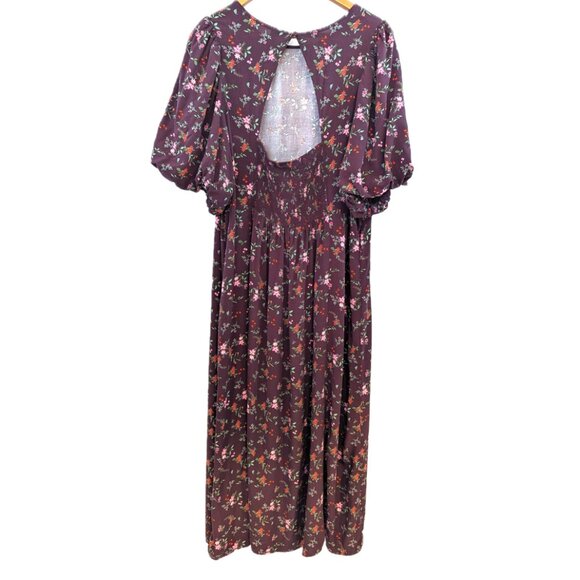 Old Navy | Short Puff Sleeve Plum Burgundy Floral Midi Dress  | Size 3X - Picture 11 of 16